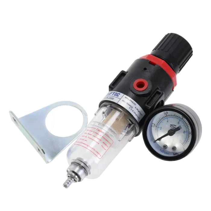 Pneumatic wire filter regulator disassembled showing individual components on white background.