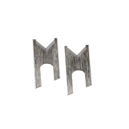 Two V-style universal wire stripping blades made of tool steel.