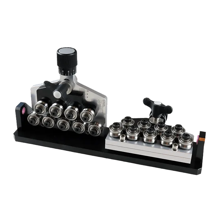 A two-plane wire straightener with a 9 roller per plane design, featuring ceramic inserts and mounting.