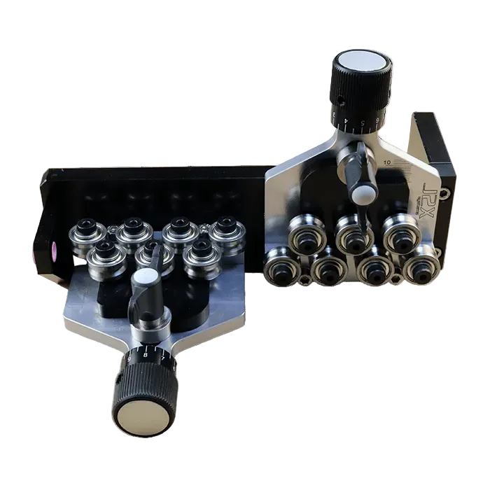 close up of ws-12 dual plane wire straightener showing adjustment knobs and rollers and black anodized mount