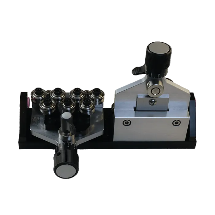back side of ws-15 wire straightener showing adjustment knobs and mount on a white background