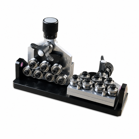 A two-plane wire straightener with a 7 roller per plane design, featuring ceramic inserts and mounting holes.