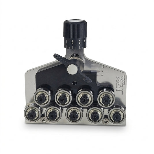 A j2x systems ws-02-sp single plane wire straightener with 9 rolls, quick change capability, and two threaded M5 holes on the rear side for mounting.