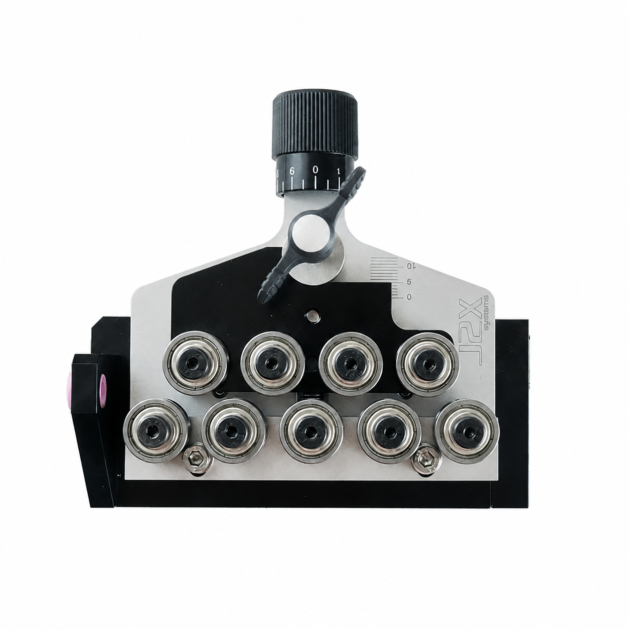 Close up front view of j2x systems quick change 9 roll wire straightener 