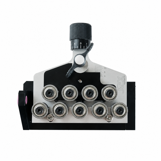 Close up front view of j2x systems quick change 9 roll wire straightener 