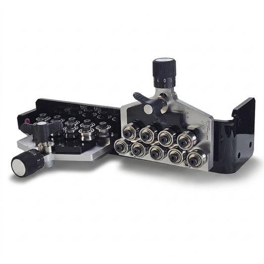 Angled view of black powder coated mount and two plane quick change wire straightener by j2x systems model ws18