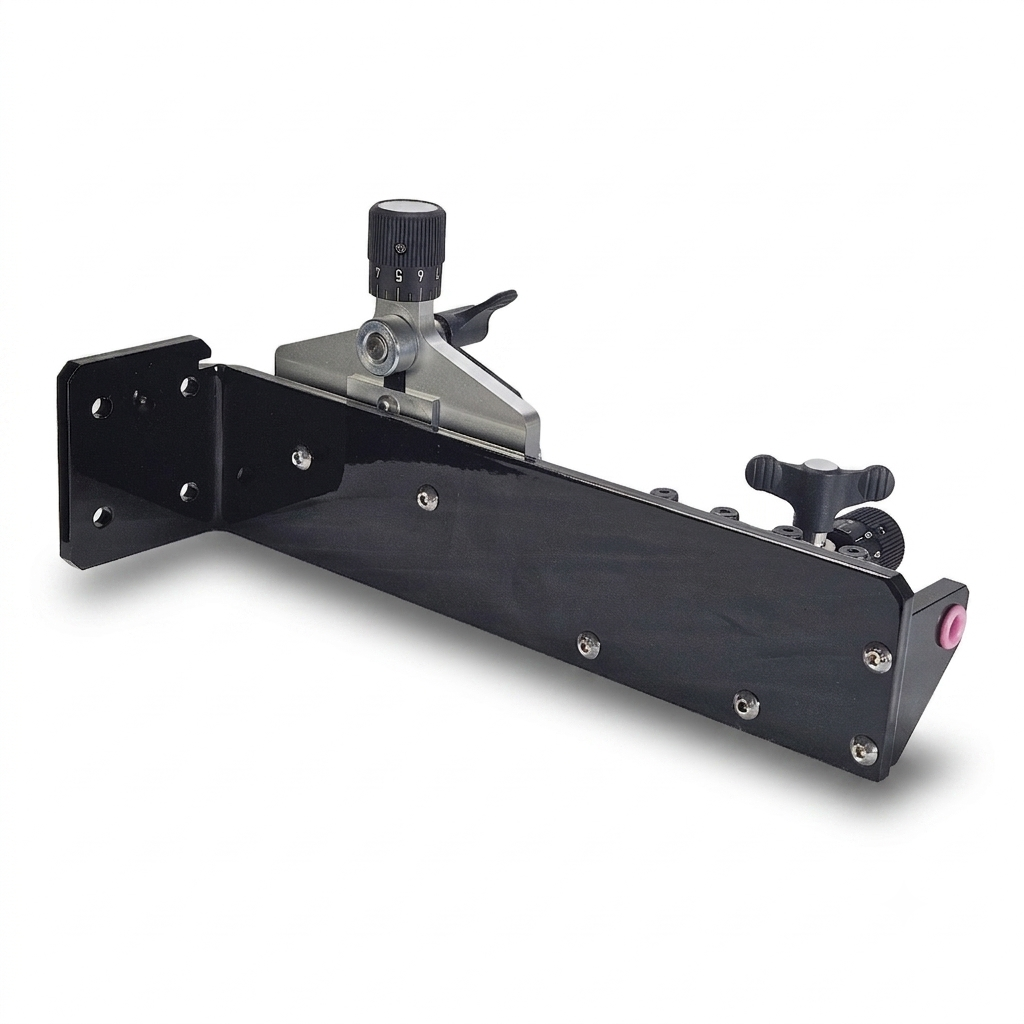 Rear isometric view of a quick change dual plane ws-18 wire straightener showing the black mount and mounting holes on a white background.