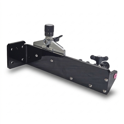 Rear isometric view of a quick change dual plane ws-18 wire straightener showing the black mount and mounting holes on a white background.