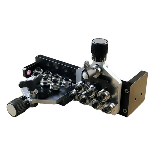 A two plane quick change wire straightener by j2x systems model ws-12 for mounting to a schleuniger machine shown on a white background